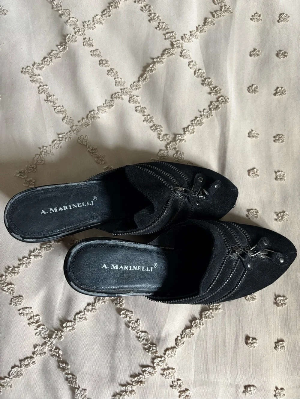 A. Marinelli Black Suede Zipper Clog Mules Edgy Studded Platform Heels Size 8M